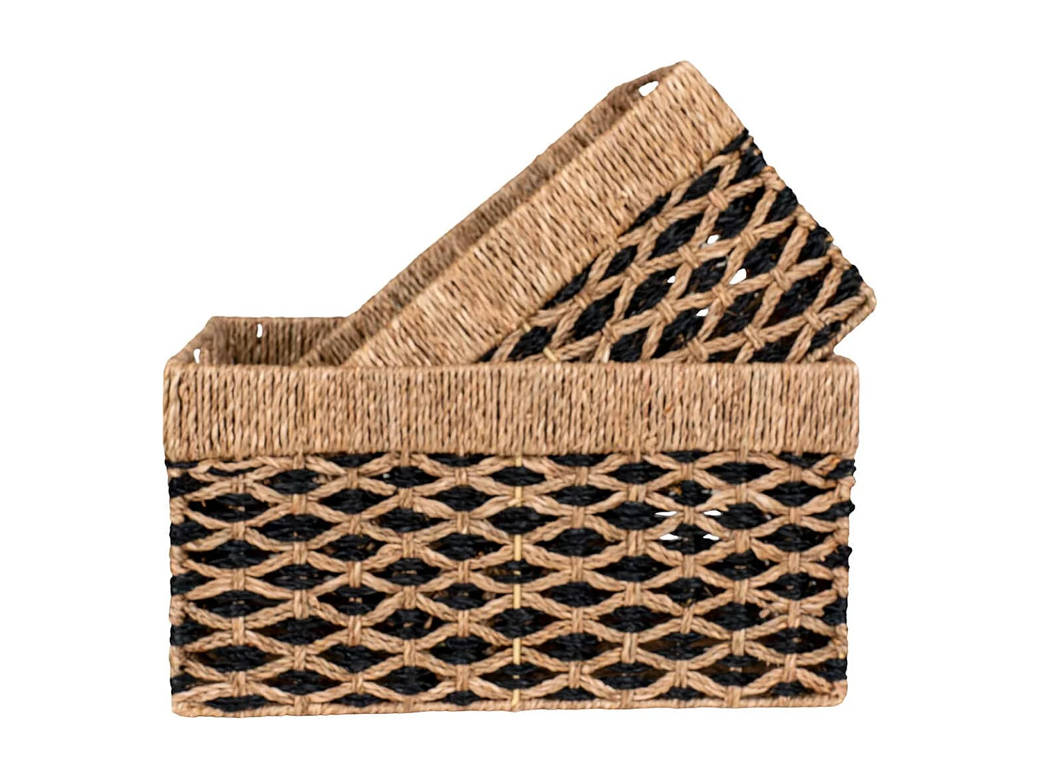 TESSY - Lot de 2 Paniers Rectangles en Fibre Naturelle Motifs Géométriques Noir et Naturel