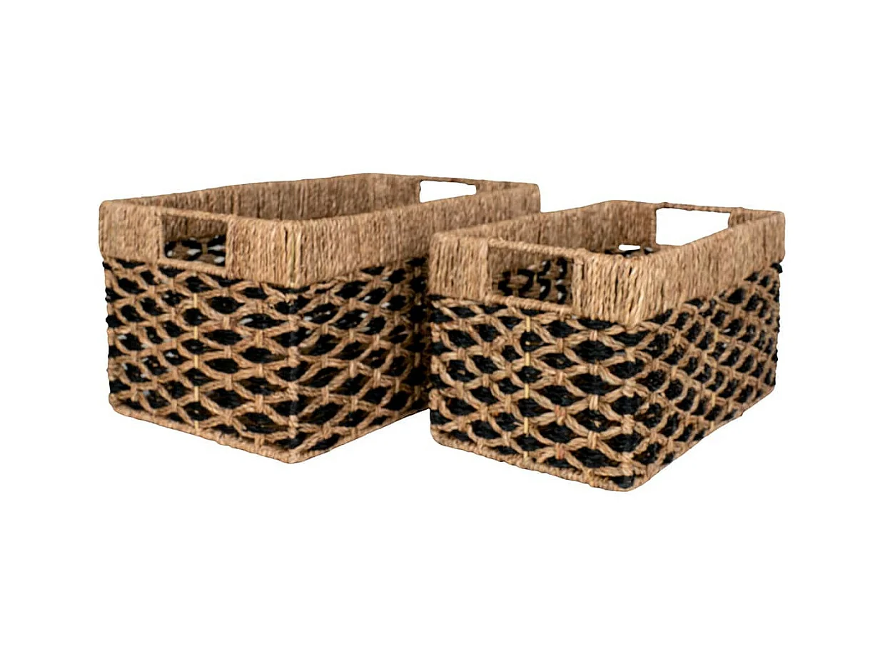 TESSY - Lot de 2 Paniers Rectangles en Fibre Naturelle Motifs Géométriques Noir et Naturel