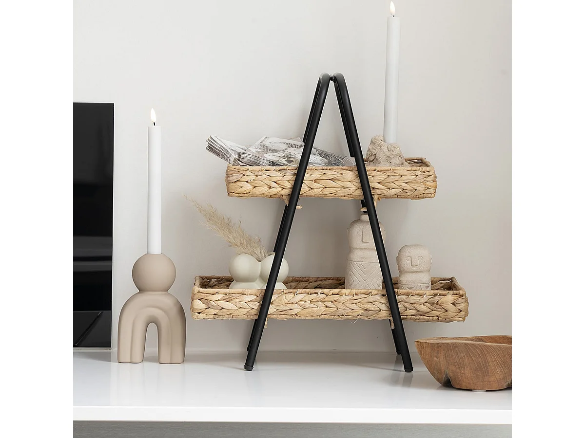MAORI - Petite Etagère à Poser 2 Plateaux Tressés en Jacinthe Support en Métal Noir