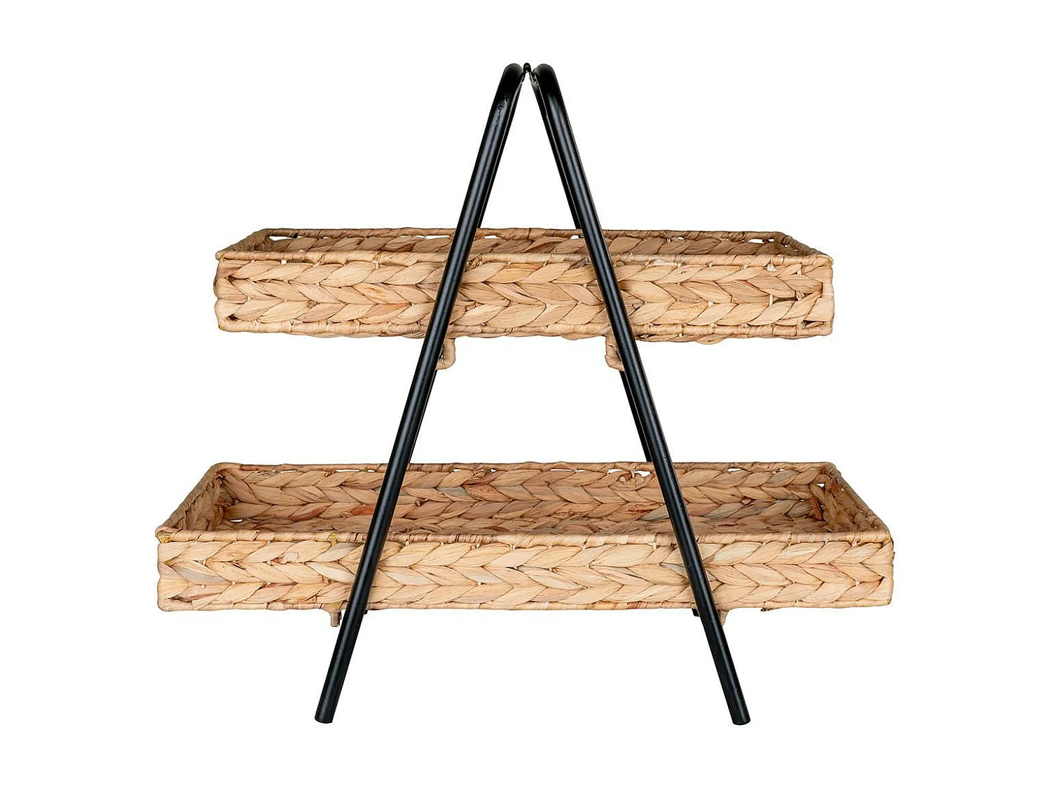 MAORI - Petite Etagère à Poser 2 Plateaux Tressés en Jacinthe Support en Métal Noir