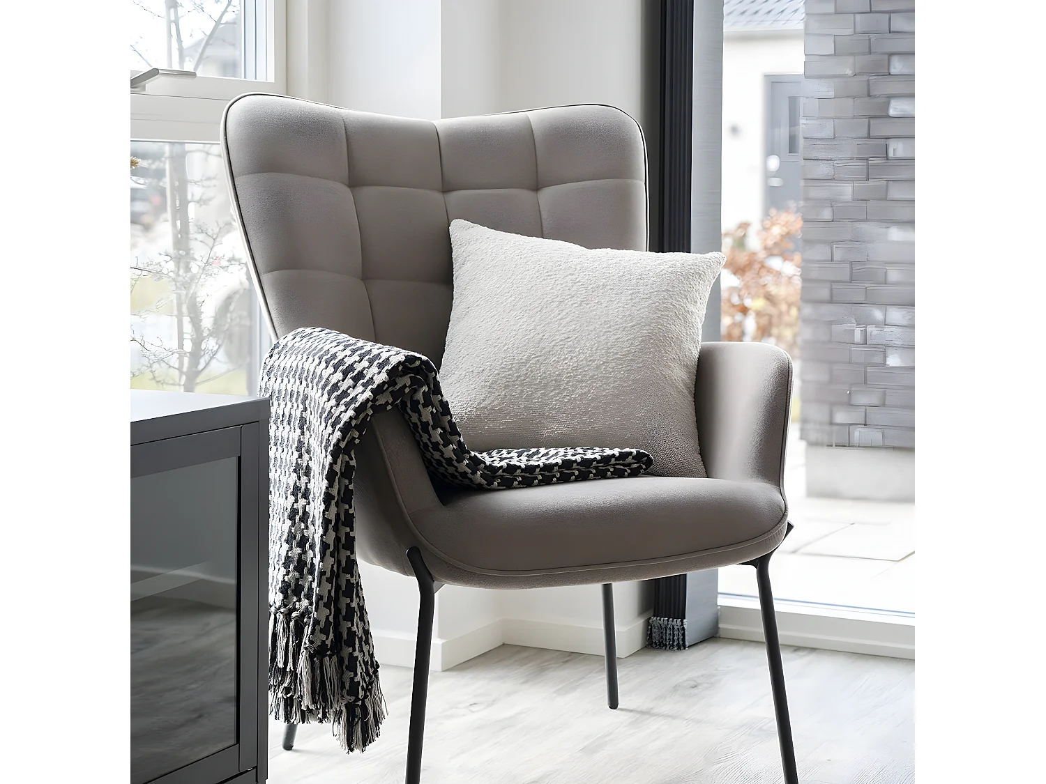 JOSY - Plaid 180x130cm Beige et Noir à Motifs Pied-de-Poule