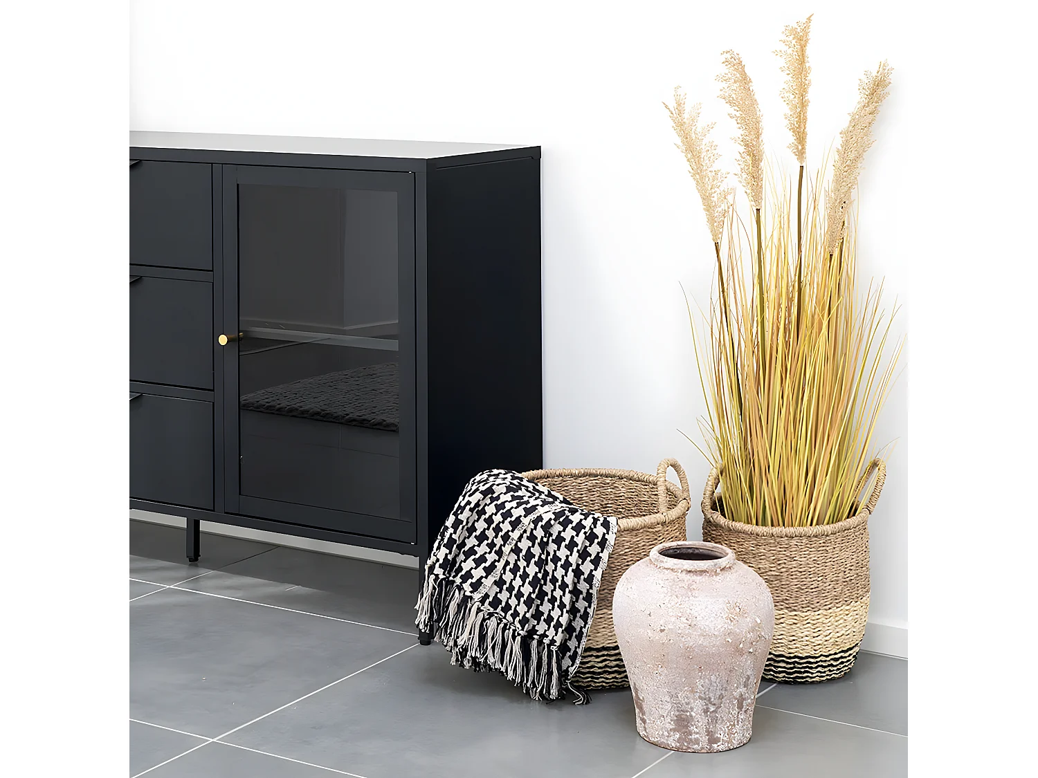 JOSY - Plaid 180x130cm Beige et Noir à Motifs Pied-de-Poule