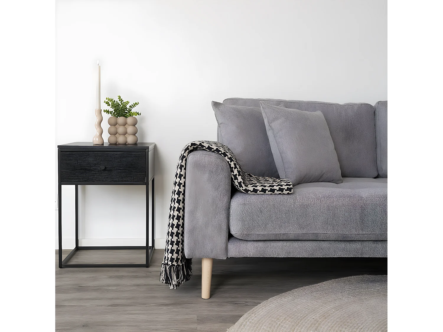 JOSY - Plaid 180x130cm Beige et Noir à Motifs Pied-de-Poule