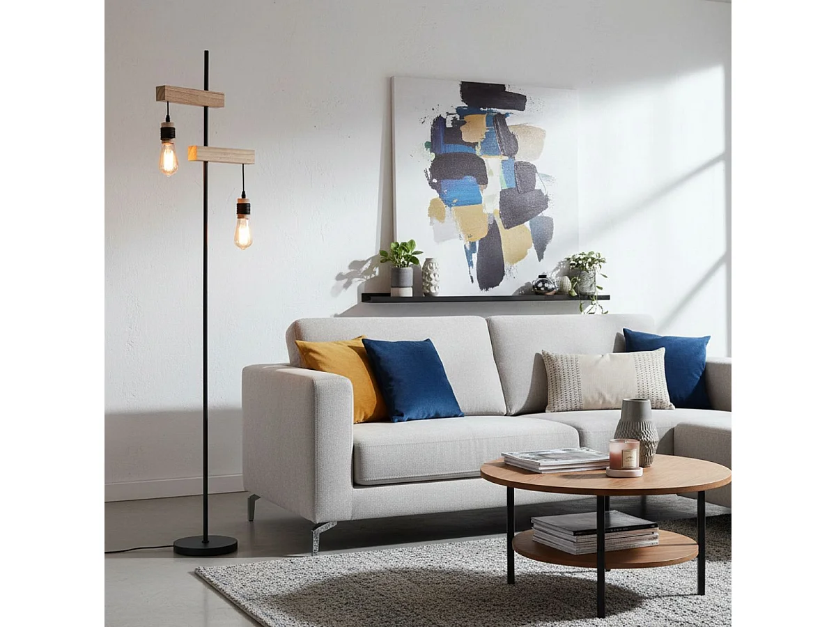 ARMELE - Lampadaire en Métal Noir et Bois