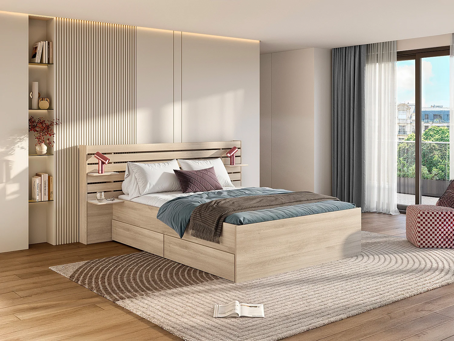 Lit 160 x 200 cm avec rangements - Coloris : Naturel + Sommier - TENALIA II