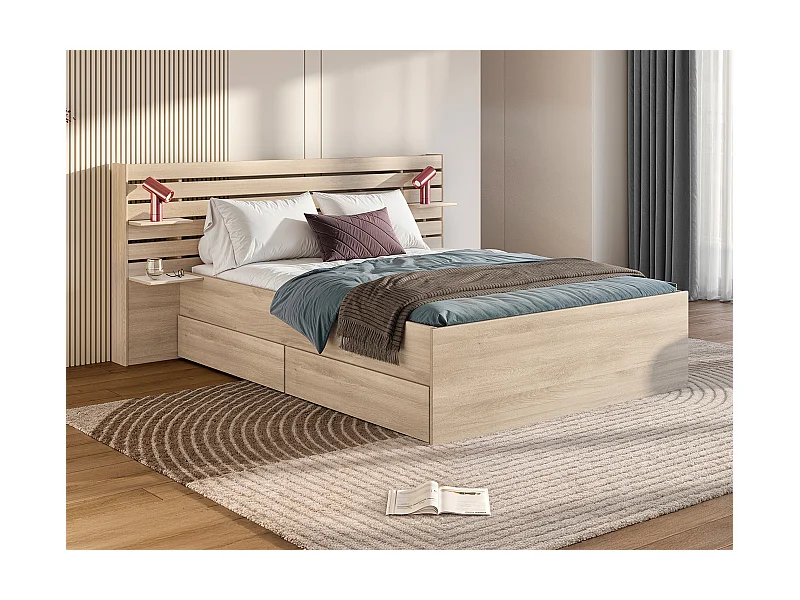 Bett mit Stauraum - 160 x 200 cm - Holzfarben + Lattenrost + Matratze - TENALIA II