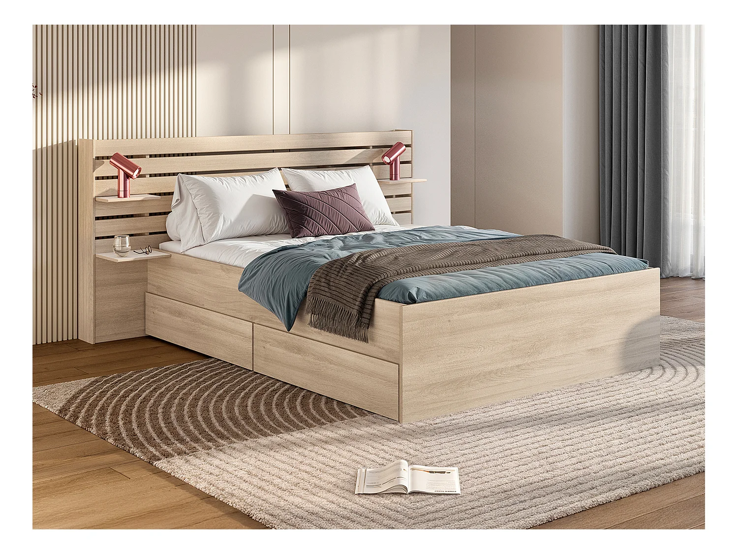 Lit 160 x 200 cm avec rangements - Coloris : Naturel + Sommier + Matelas - TENALIA II