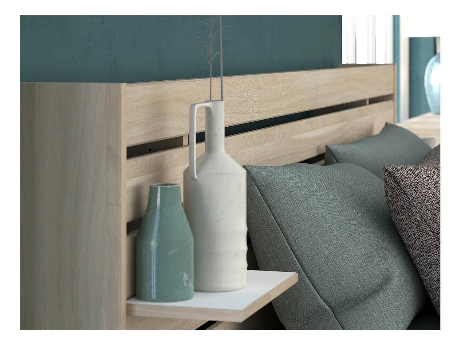 Cama 160 x 200 cm con compartimentos - Color: natural + Somier + Colchón - TENALIA II