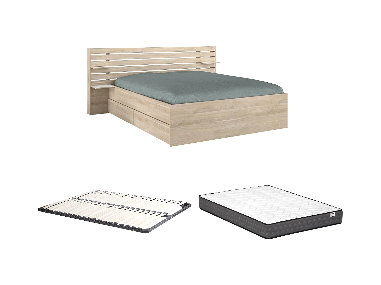 Cama 160 x 200 cm con compartimentos - Color: natural + Somier + Colchón - TENALIA II