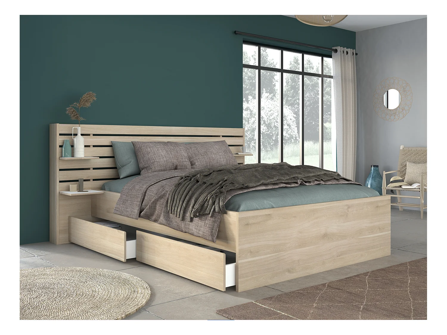 Cama 160 x 200 cm con compartimentos - Color: natural + Somier + Colchón - TENALIA II