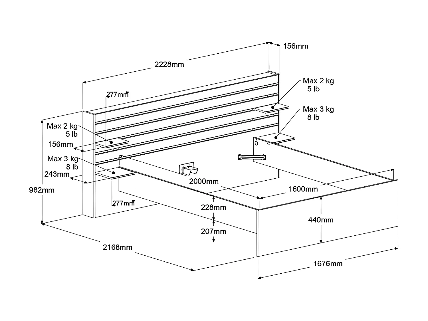 Bed met opbergruimte – 160 x 200 cm – Kleur: houtlook + bedbodem + matras - TENALIA II