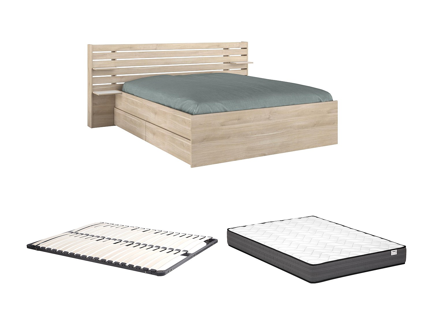 Bett mit Stauraum - 160 x 200 cm - Holzfarben + Lattenrost + Matratze - TEN günstig online kaufen