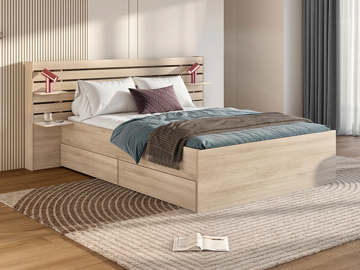 Bed met opbergruimte – 160 x 200 cm – Kleur: houtlook + bedbodem + matras - TENALIA II