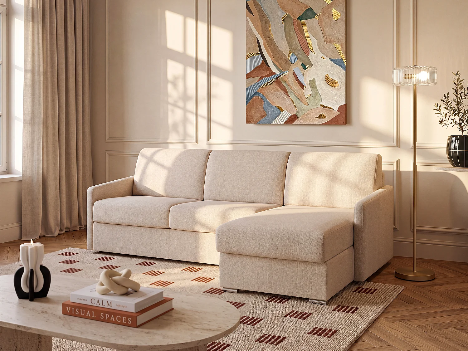 Canapé d'angle convertible express et réversible en tissu texturé beige - Couchage 140 cm - Matelas 14 cm - CALIFE
