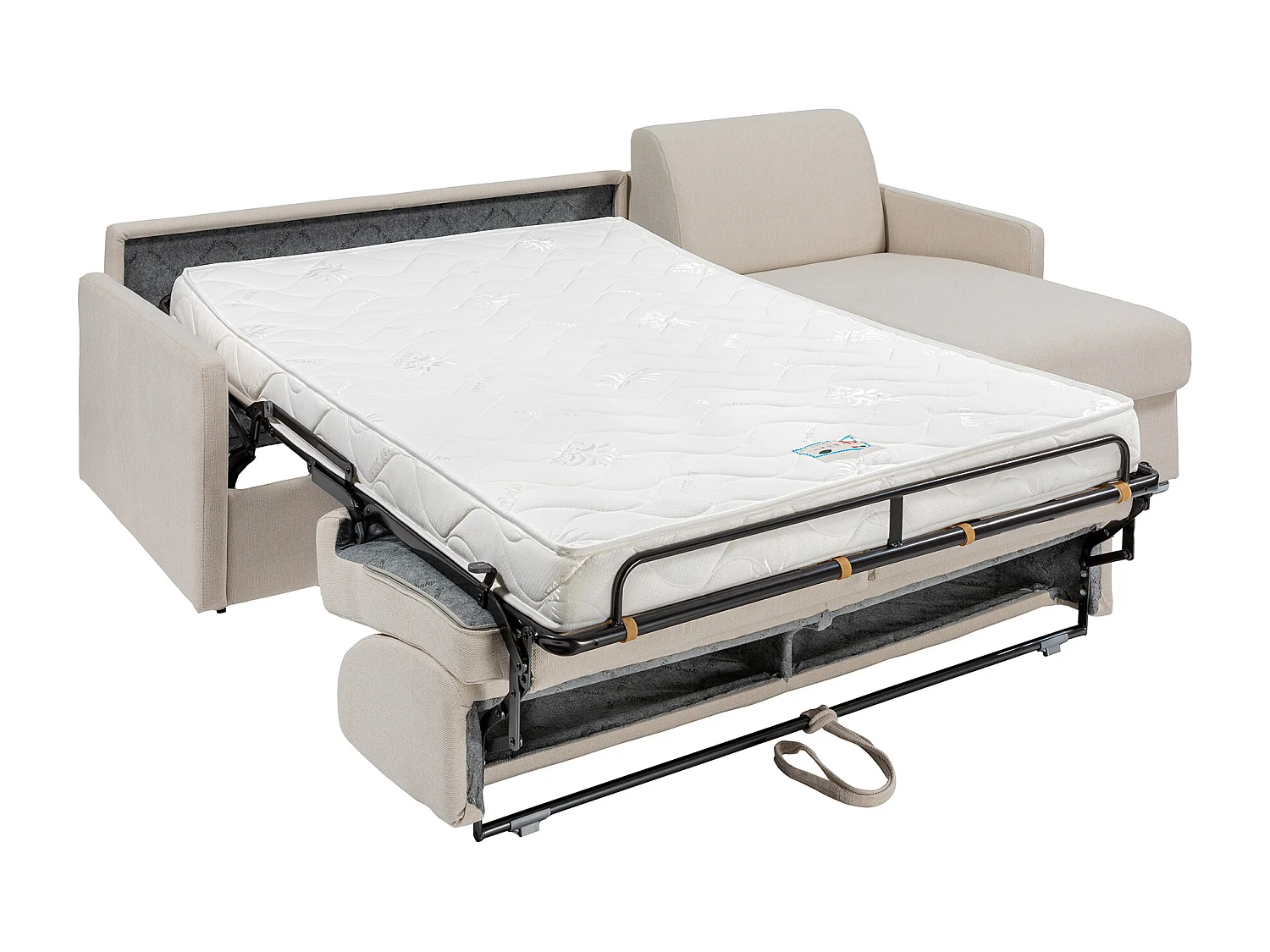 Canapé d'angle convertible express et réversible en tissu beige - Couchage 140 cm à lattes larges - Matelas 14 cm - CALIFE