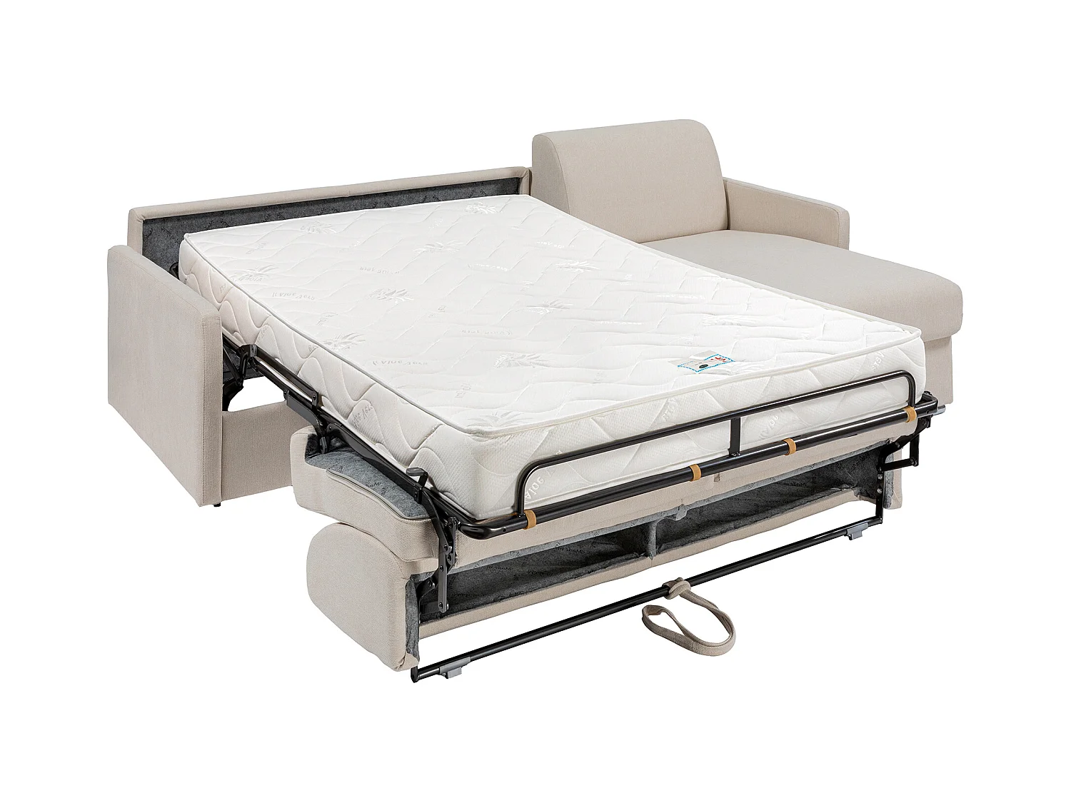 Divano letto angolare a ribalta Posto letto 140 cm con doghe larghe Materasso 18 cm in Tessuto Beige - CALIFE