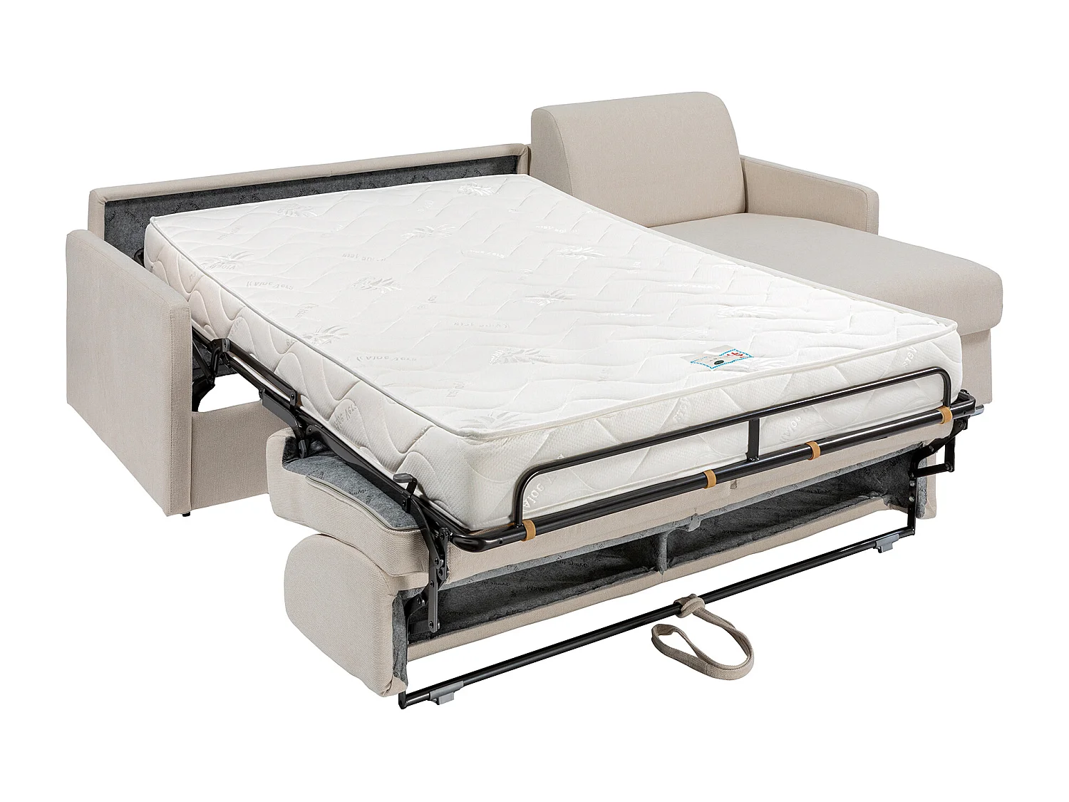 Omkeerbare, snel om te bouwen slaapbank met hoek in beige stof - Bed van 140 cm met brede latten - Matras 18 cm - CALIFE