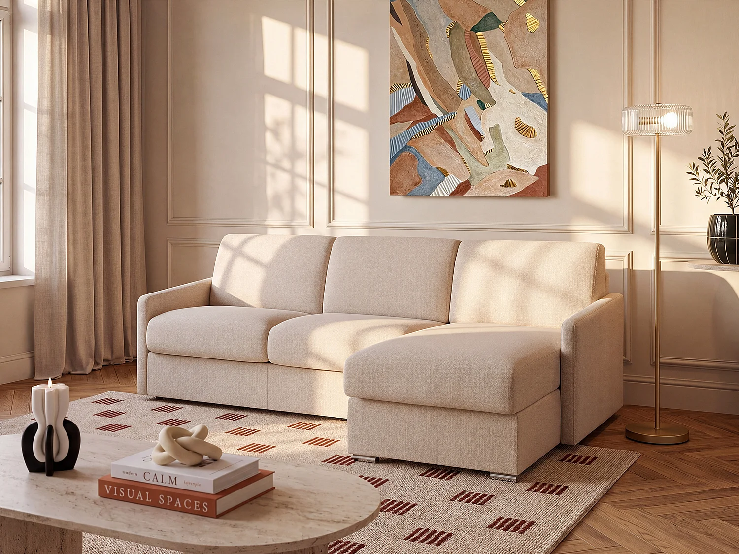 Canapé d'angle convertible express et réversible en tissu texturé beige - Couchage 140 cm - Matelas 22 cm avec mémoire de forme - CALIFE