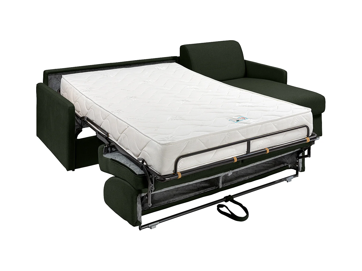 Canapé d'angle convertible express et réversible en tissu vert sapin - Couchage 140 cm - Matelas 22 cm avec mémoire de forme - CALIFE