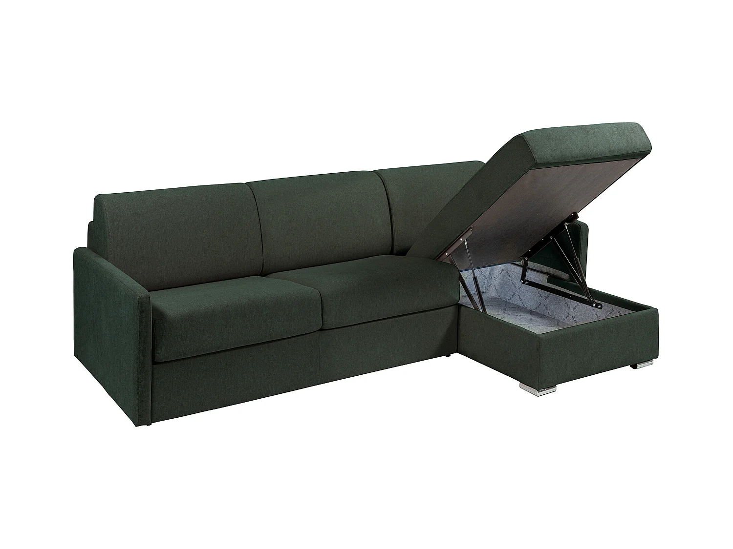 Canapé d'angle convertible express et réversible en tissu vert sapin - Couchage 140 cm - Matelas 22 cm avec mémoire de forme - CALIFE