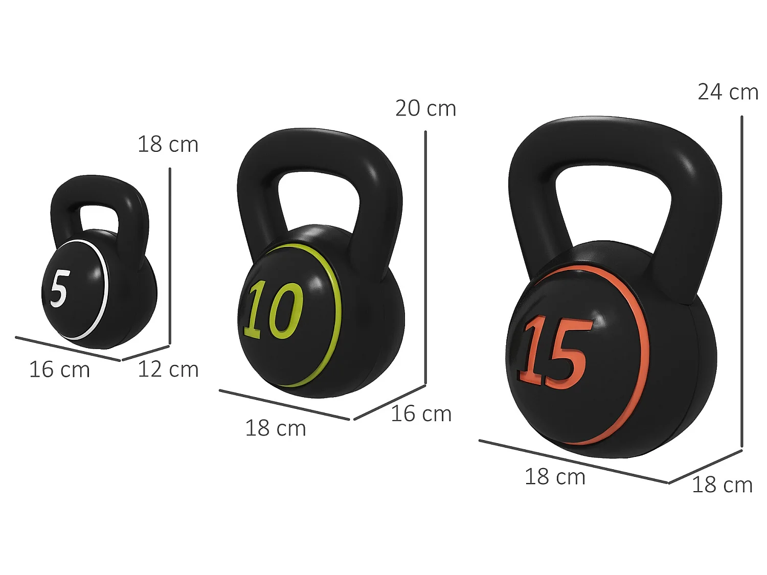 Lot de 3 kettlebells 2,2/4,5/6,8 Kg - prise ergonomique - entraînement musculaire & haltérophilie - PVC noir
