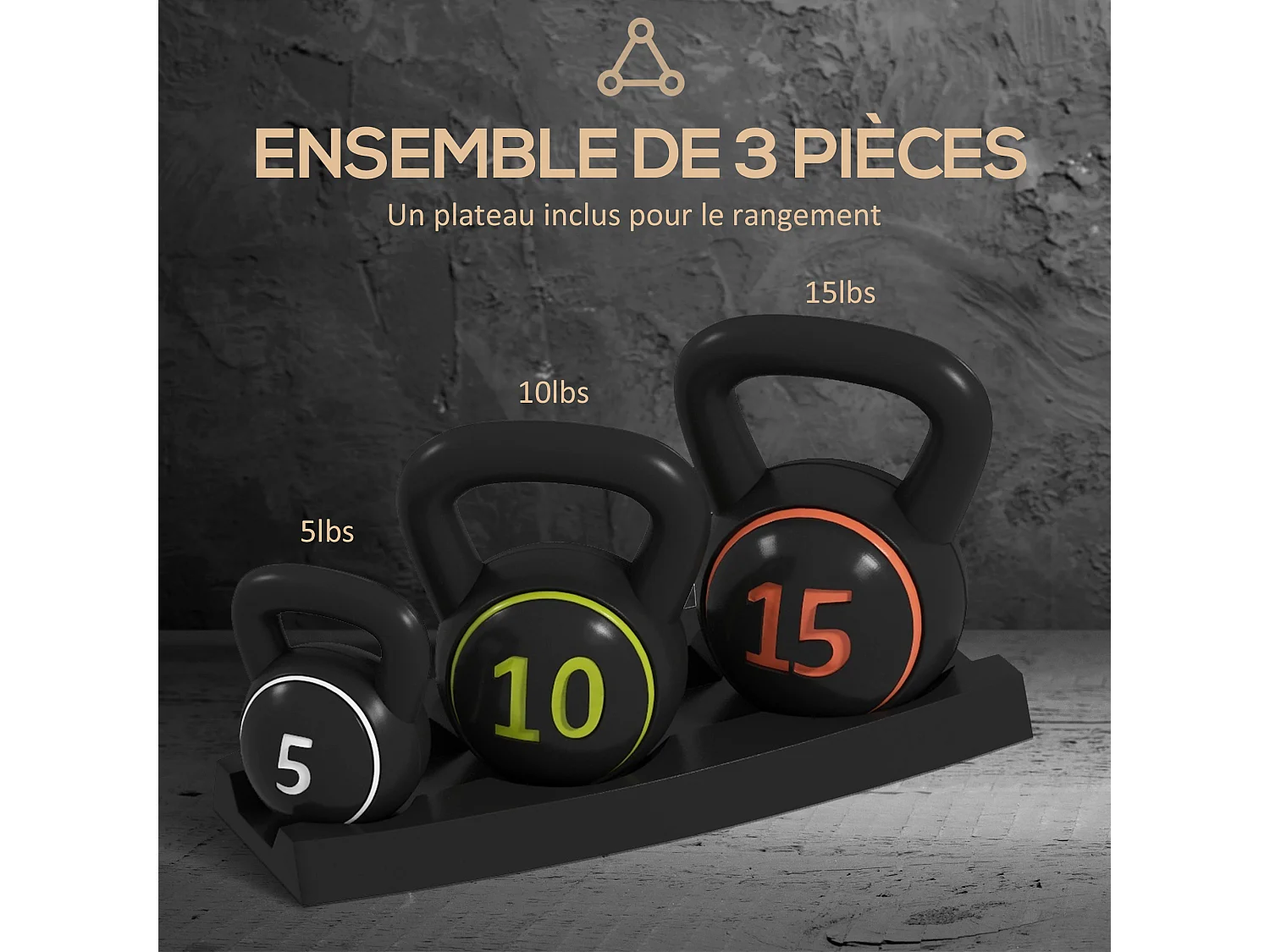 Lot de 3 kettlebells 2,2/4,5/6,8 Kg - prise ergonomique - entraînement musculaire & haltérophilie - PVC noir