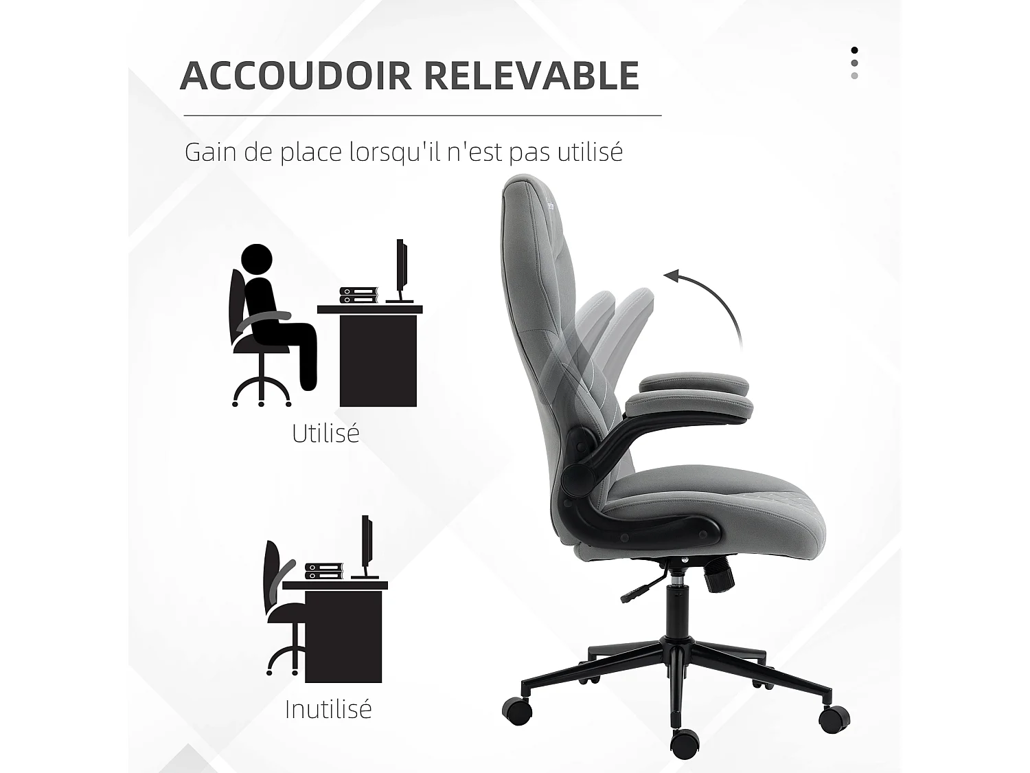 Fauteuil de bureau chaise de bureau ergonomique hauteur réglable pivotant 360° accoudoirs relevables tissu gris clair