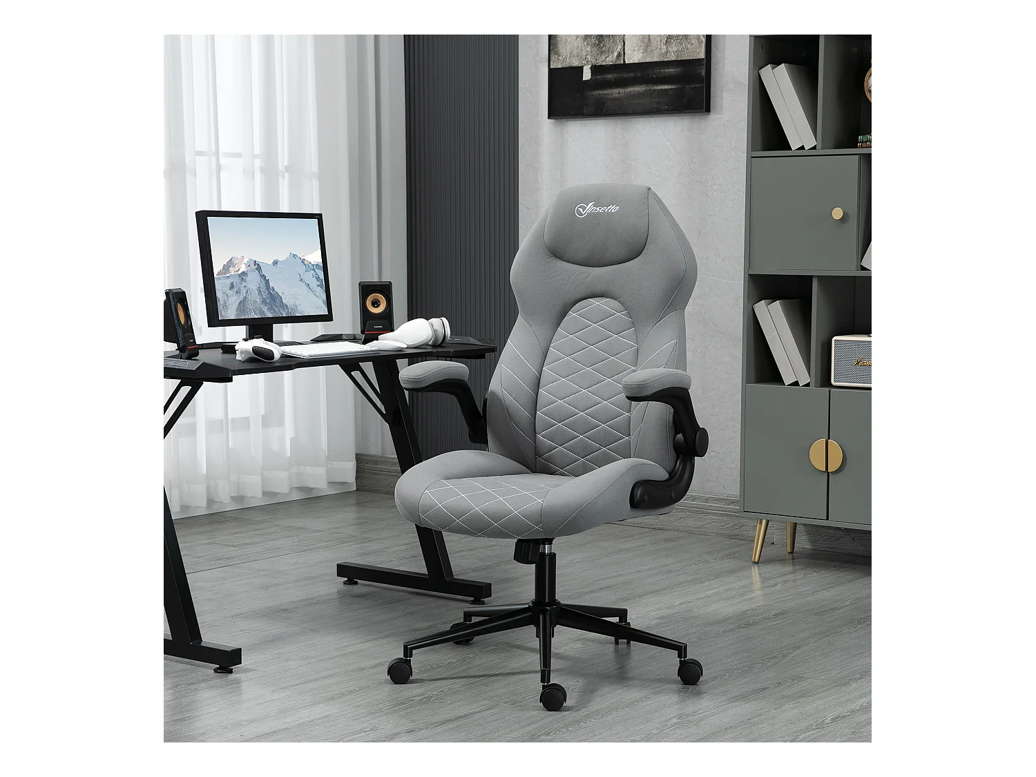 Fauteuil de bureau chaise de bureau ergonomique hauteur réglable pivotant 360° accoudoirs relevables tissu gris clair