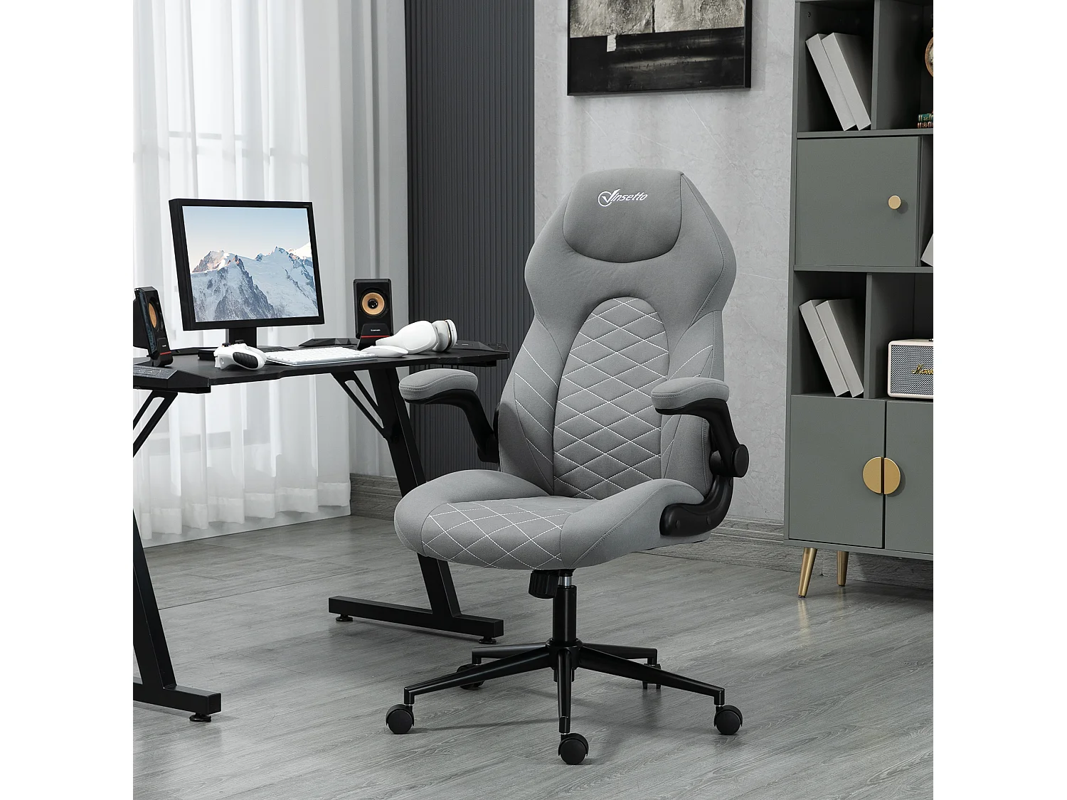 Fauteuil de bureau chaise de bureau ergonomique hauteur réglable pivotant 360° accoudoirs relevables tissu gris clair