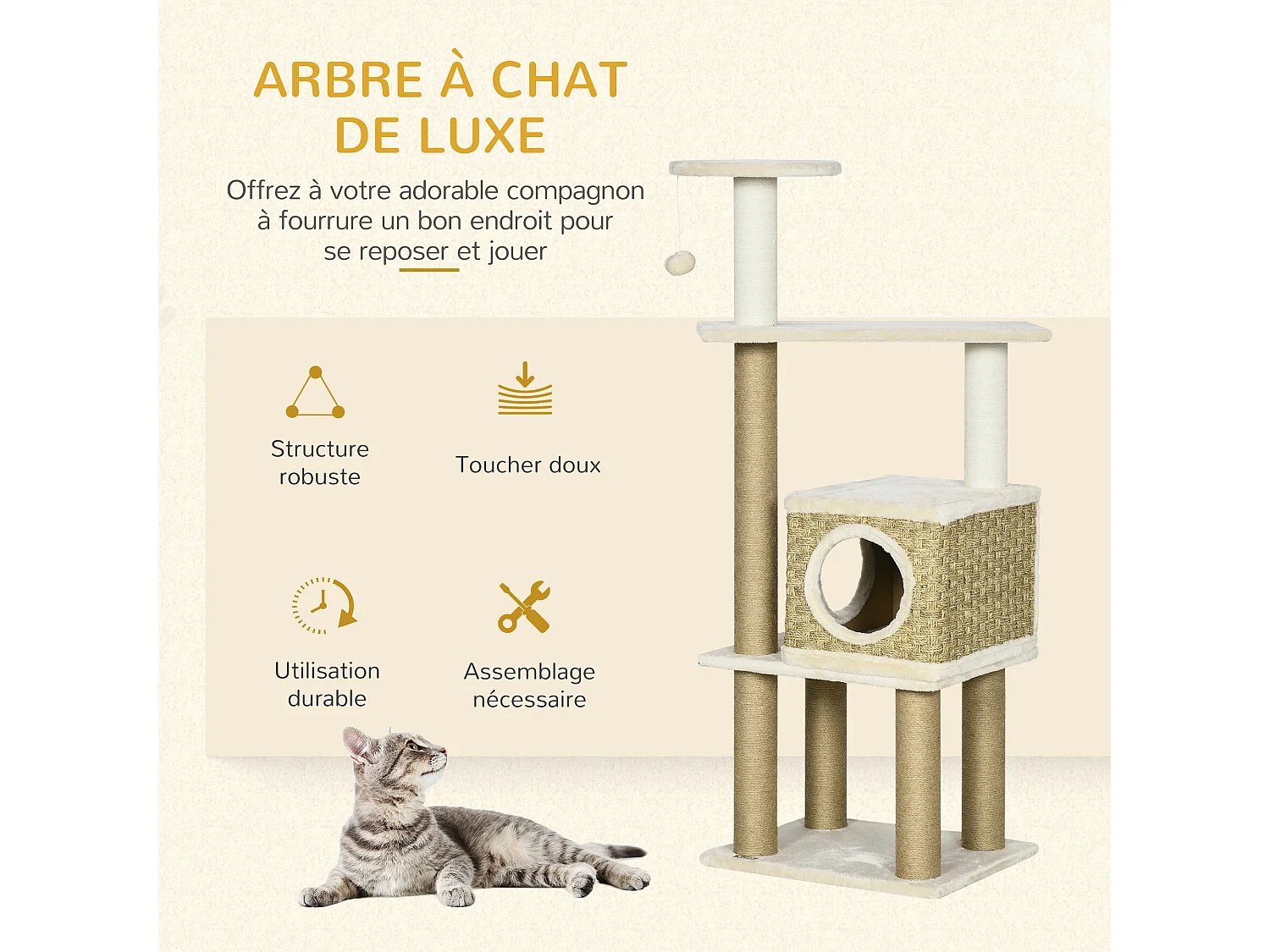 Arbre à chat style cosy chic griffoirs sisal naturel niche plateformes corde jeu boule peluche courte cordes d'algues tressées