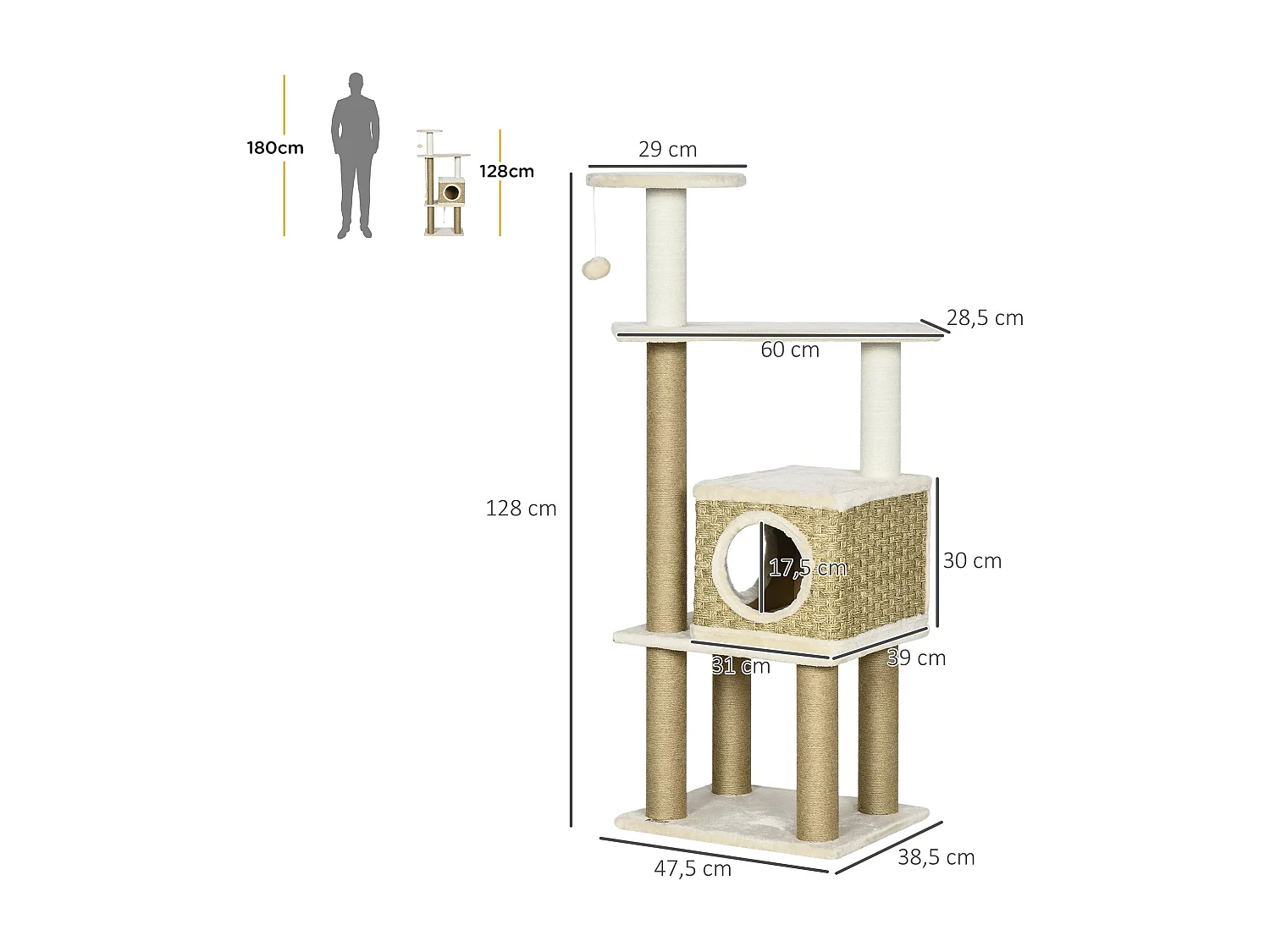 Arbre à chat style cosy chic griffoirs sisal naturel niche plateformes corde jeu boule peluche courte cordes d'algues tressées