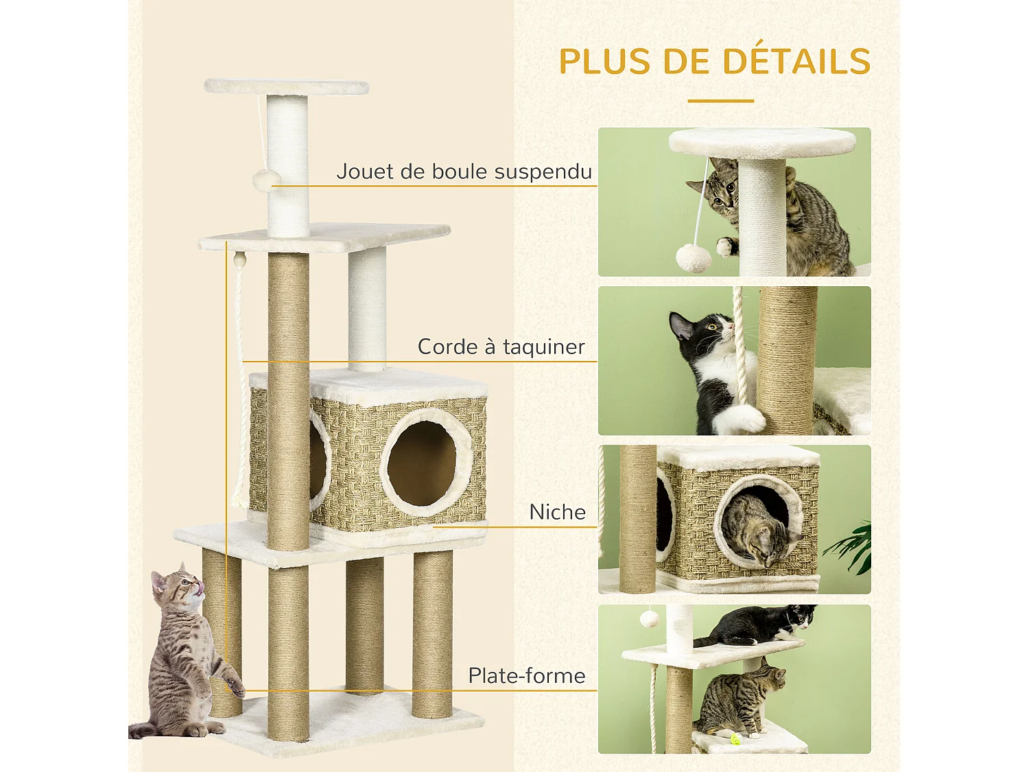 Arbre à chat style cosy chic griffoirs sisal naturel niche plateformes corde jeu boule peluche courte cordes d'algues tressées
