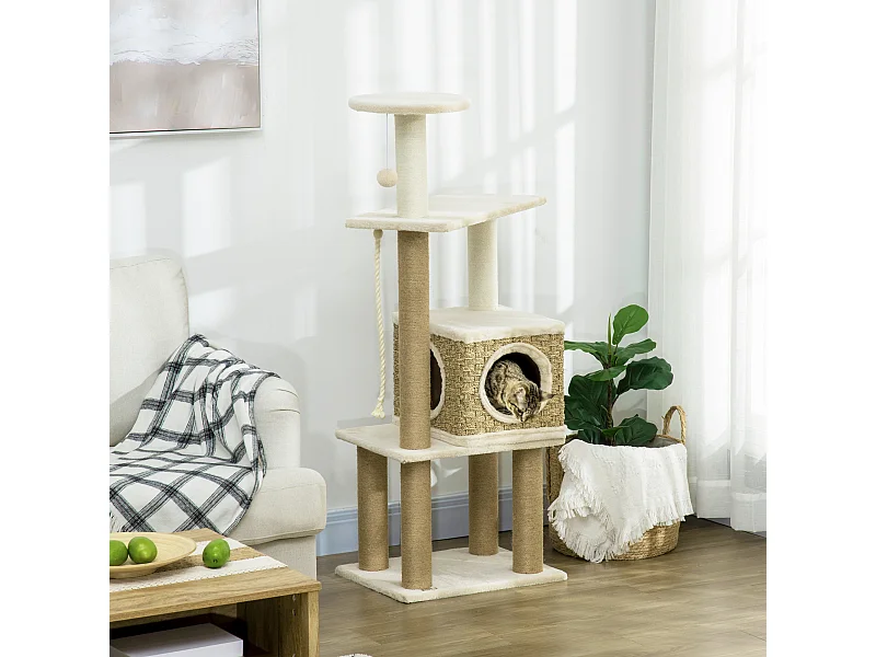 Arbre à chat style cosy chic griffoirs sisal naturel niche plateformes corde jeu boule peluche courte cordes d'algues tressées