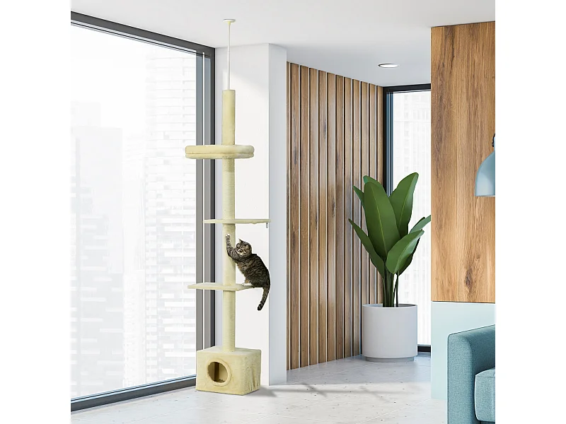 Arbre à chat hauteur réglable 230-260 cm - niche, 3 plateformes - douce peluche courte beige