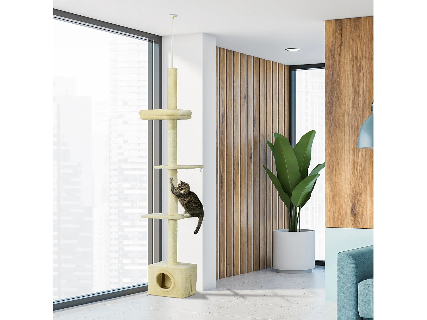 Arbre à chat hauteur réglable 230-260 cm - niche, 3 plateformes - douce peluche courte beige