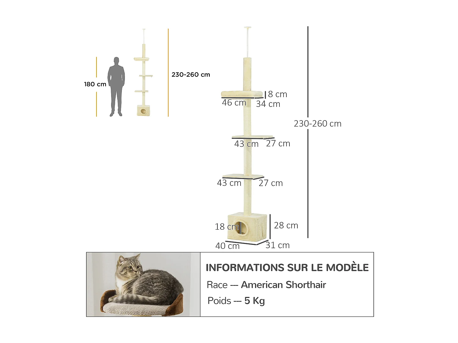 Arbre à chat hauteur réglable 230-260 cm - niche, 3 plateformes - douce peluche courte beige