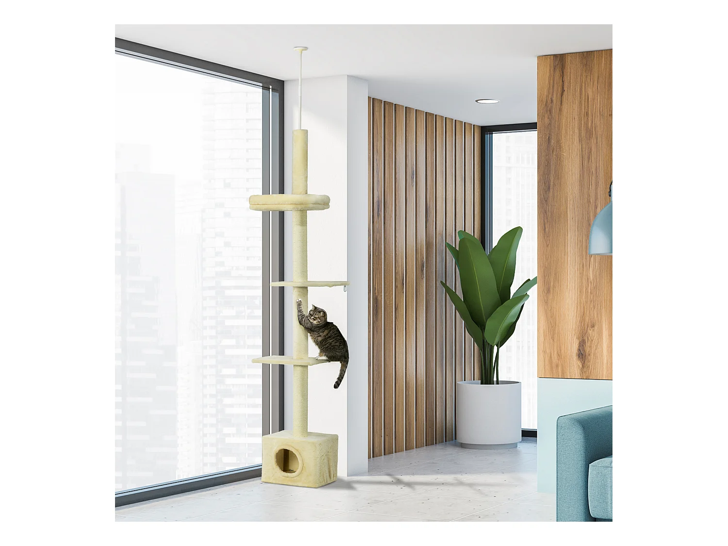 Arbre à chat hauteur réglable 230-260 cm - niche, 3 plateformes - douce peluche courte beige