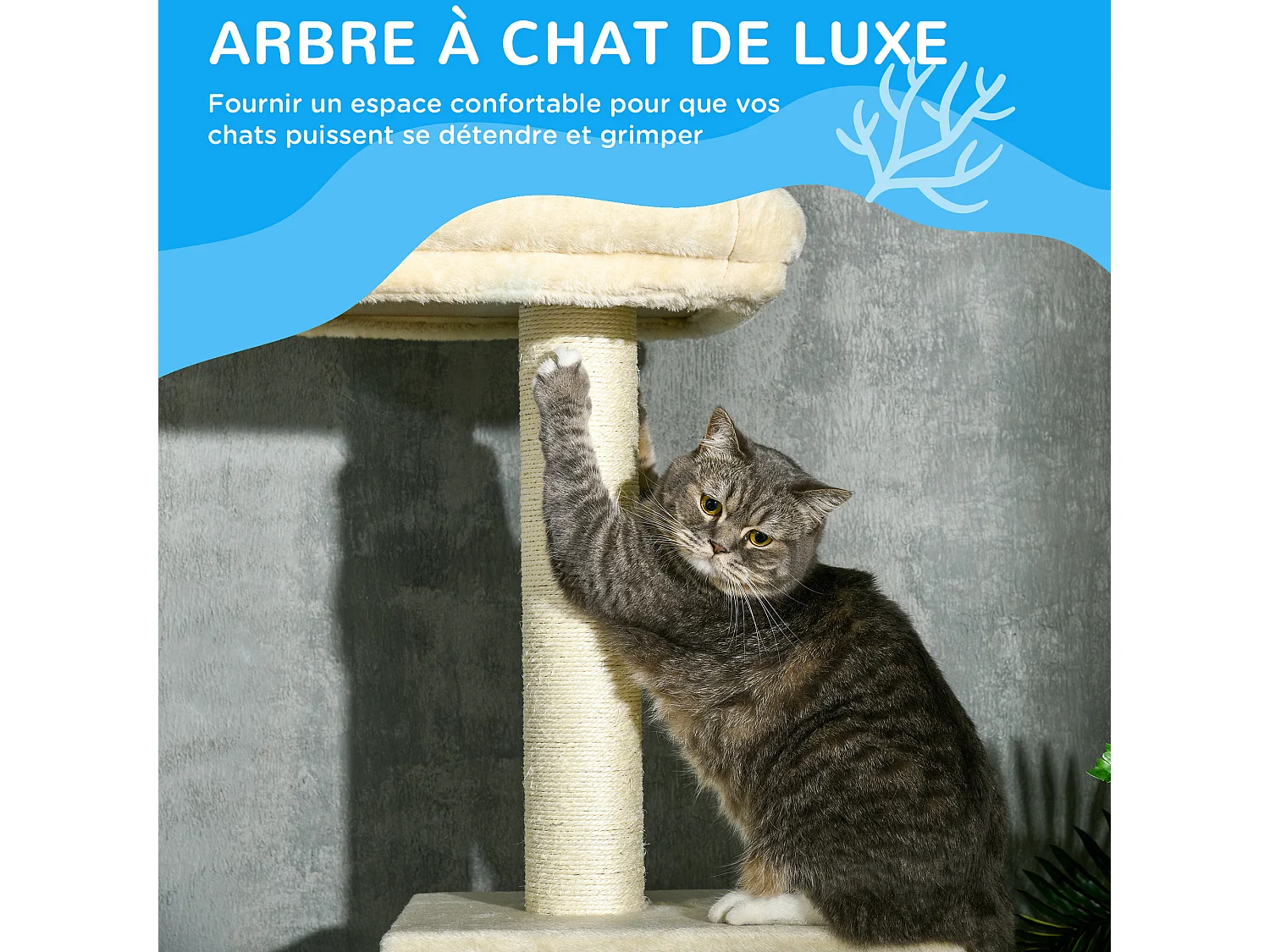 Arbre à chat hauteur réglable 230-260 cm - niche, 3 plateformes - douce peluche courte beige