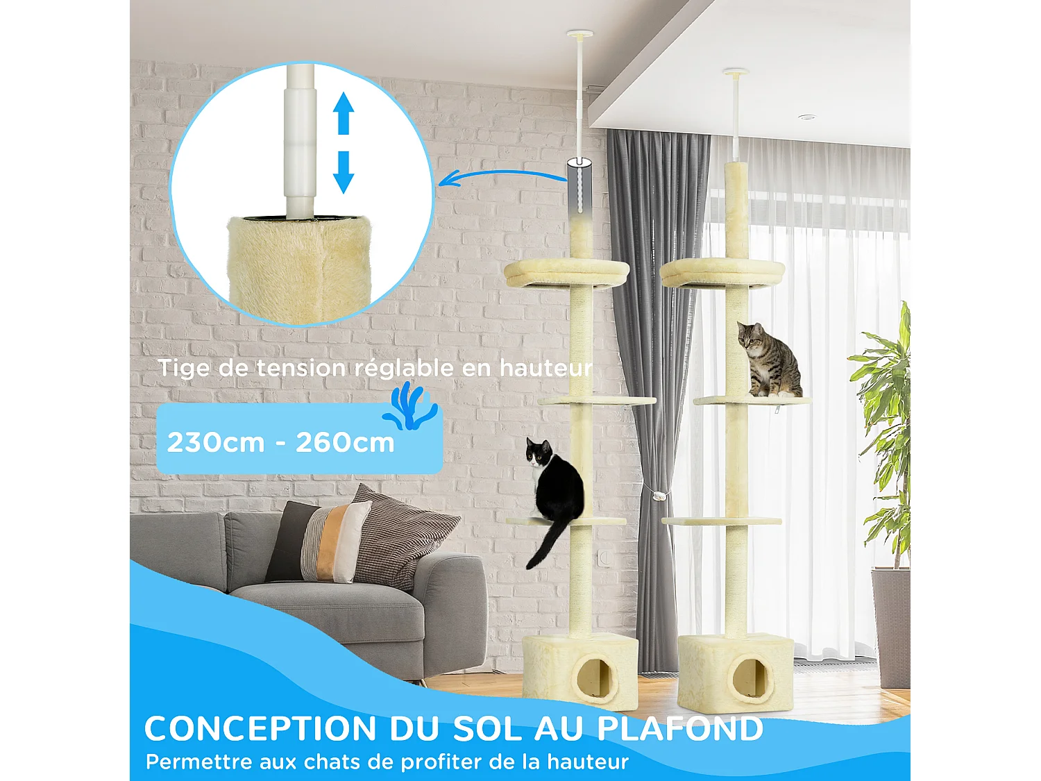 Arbre à chat hauteur réglable 230-260 cm - niche, 3 plateformes - douce peluche courte beige