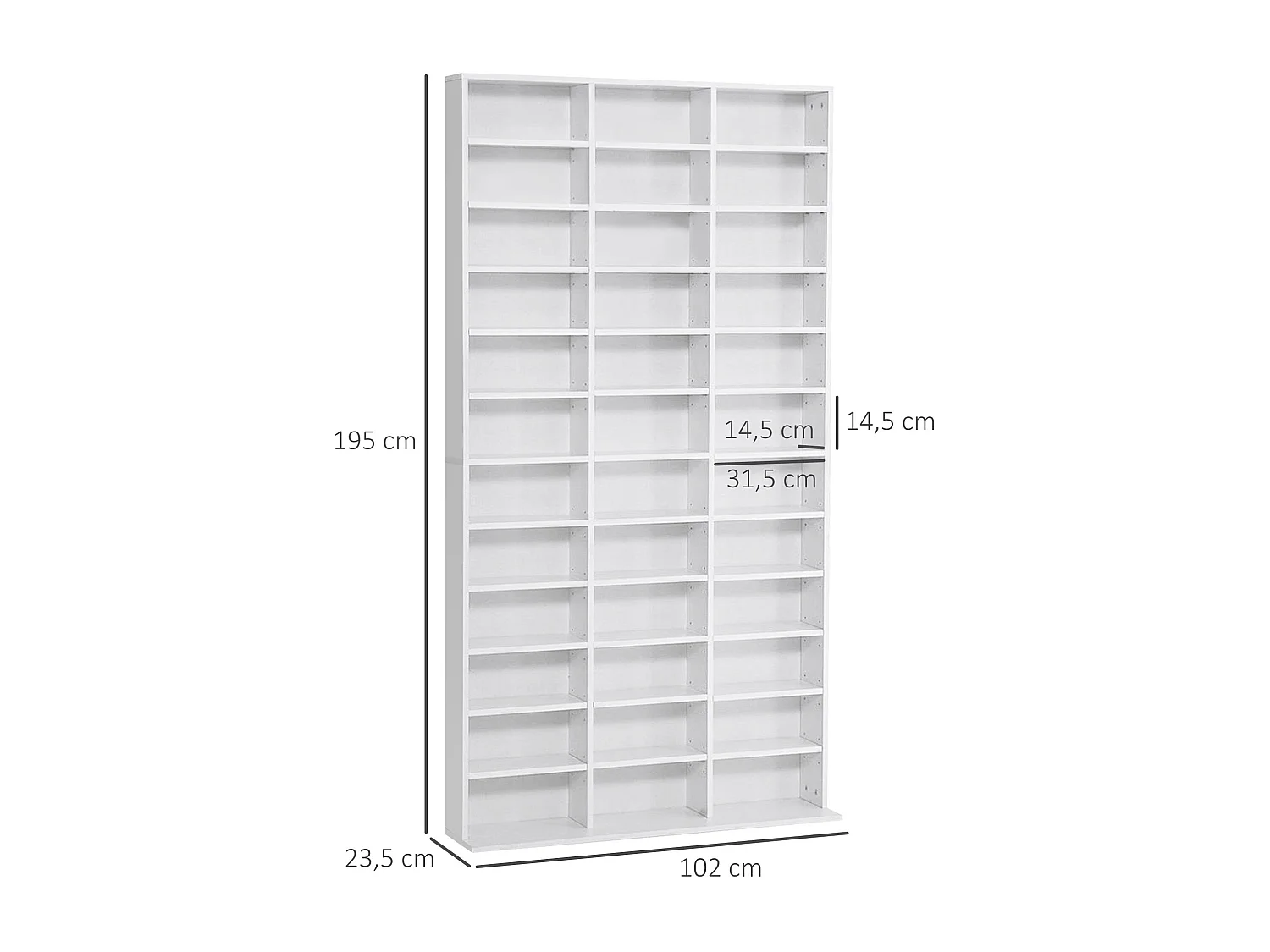 Étagère rangement CD/DVD meuble de rangement pour 1116 CDs 33 compartiments réglables en hauteur 102 x 24 x 195 cm blanc