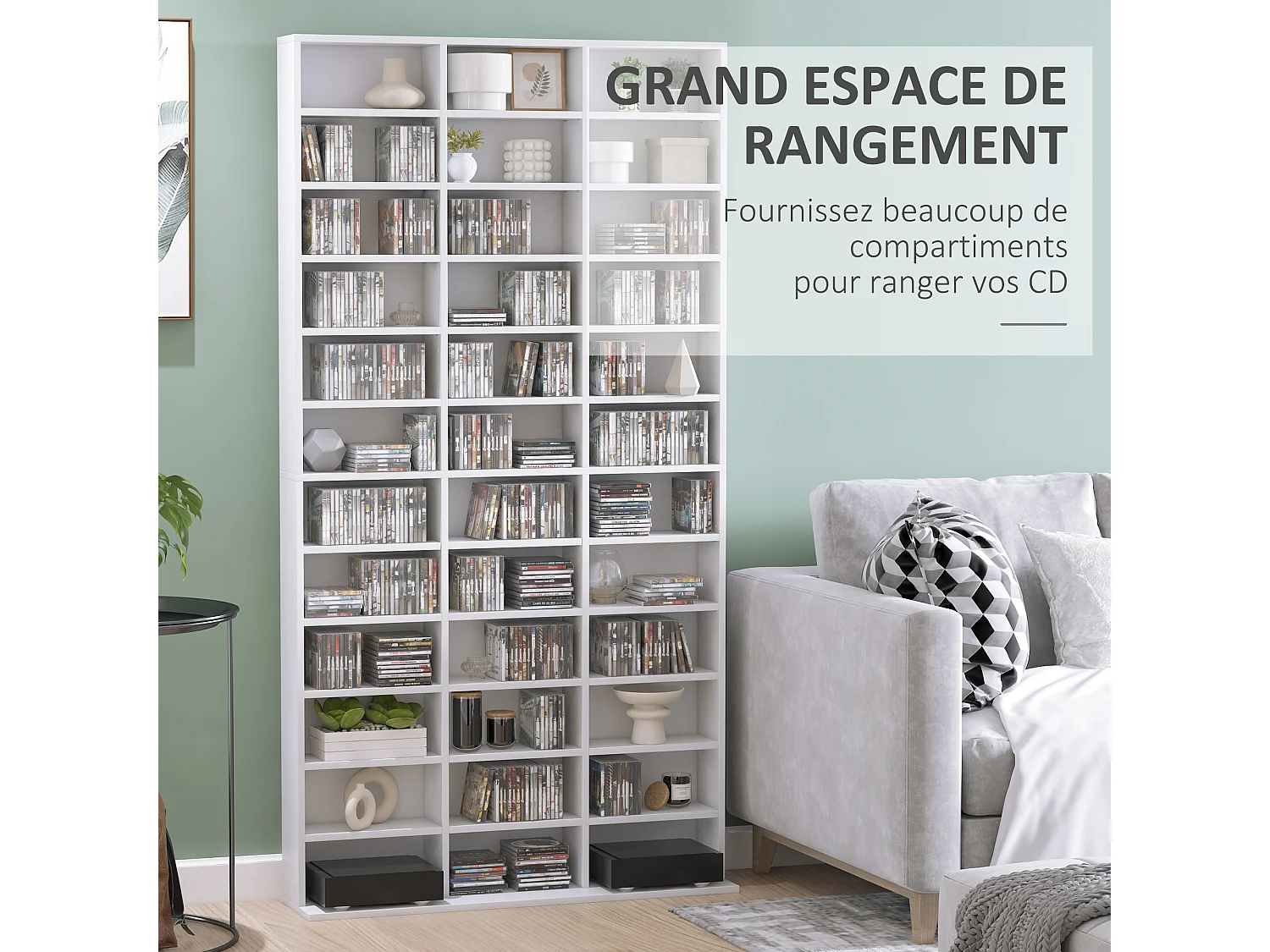 Étagère rangement CD/DVD meuble de rangement pour 1116 CDs 33 compartiments réglables en hauteur 102 x 24 x 195 cm blanc