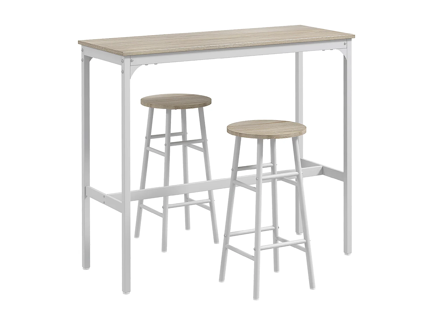Ensemble 2 places 3 pièces design contemporain - table de bar, 2 tabourets de bar - acier blanc aspect bois blanc