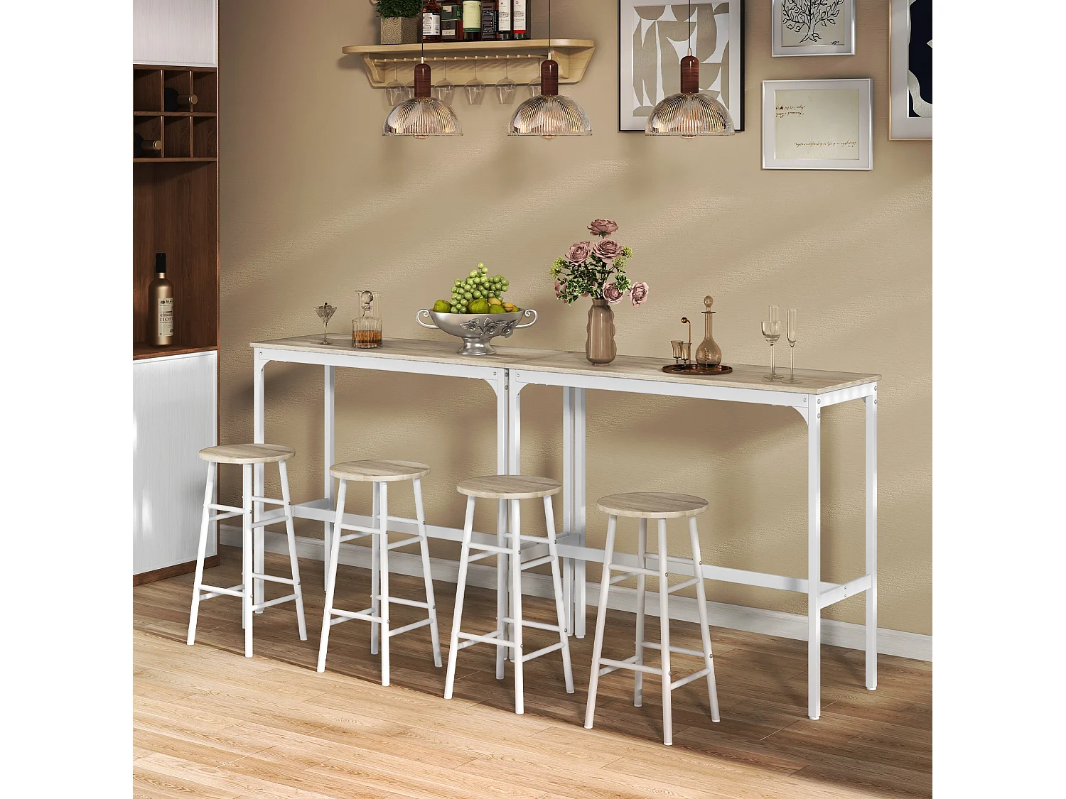 Ensemble 2 places 3 pièces design contemporain - table de bar, 2 tabourets de bar - acier blanc aspect bois blanc