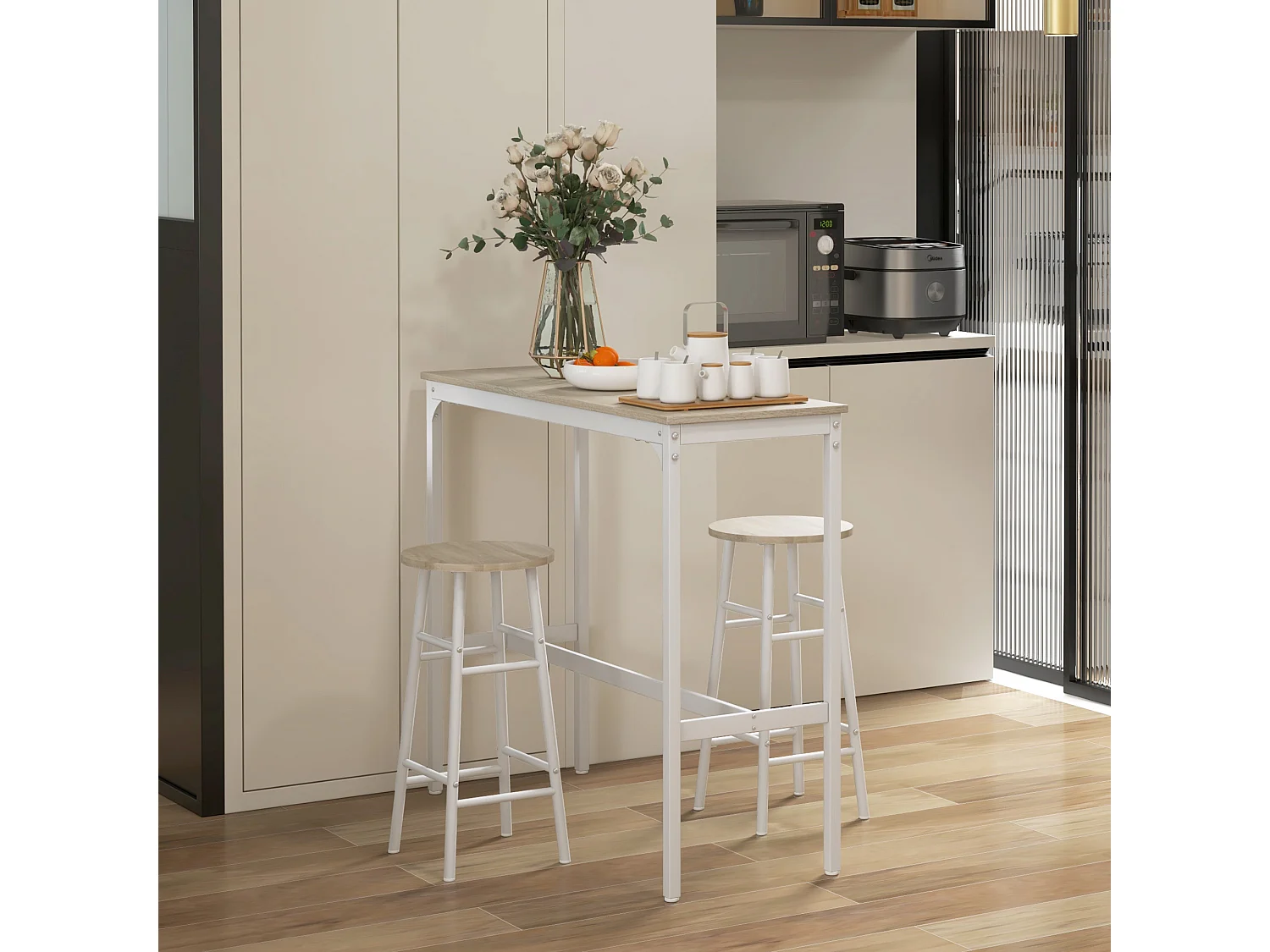 Ensemble 2 places 3 pièces design contemporain - table de bar, 2 tabourets de bar - acier blanc aspect bois blanc