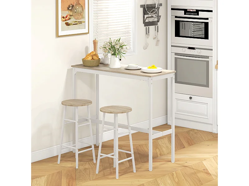 Ensemble 2 places 3 pièces design contemporain - table de bar, 2 tabourets de bar - acier blanc aspect bois blanc