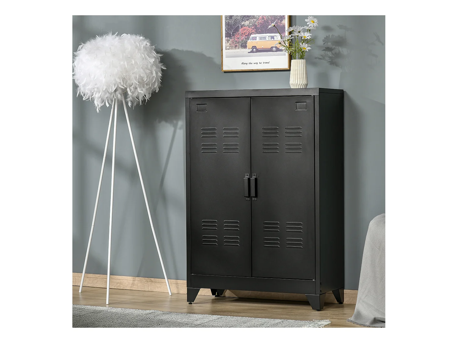 Armoire de rangement métal design industriel - 2 étagères - structure piètement tôle métal noir