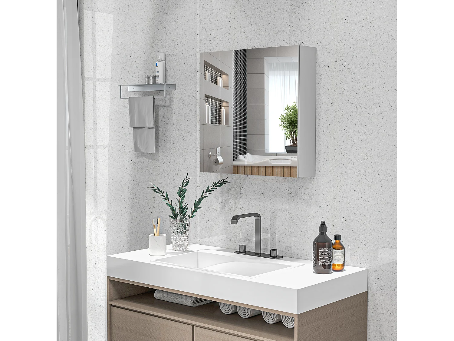 Armoire miroir de salle de bain armoire murale double portes et étagères dim. 60L x 15l x 60H cm MDF blanc