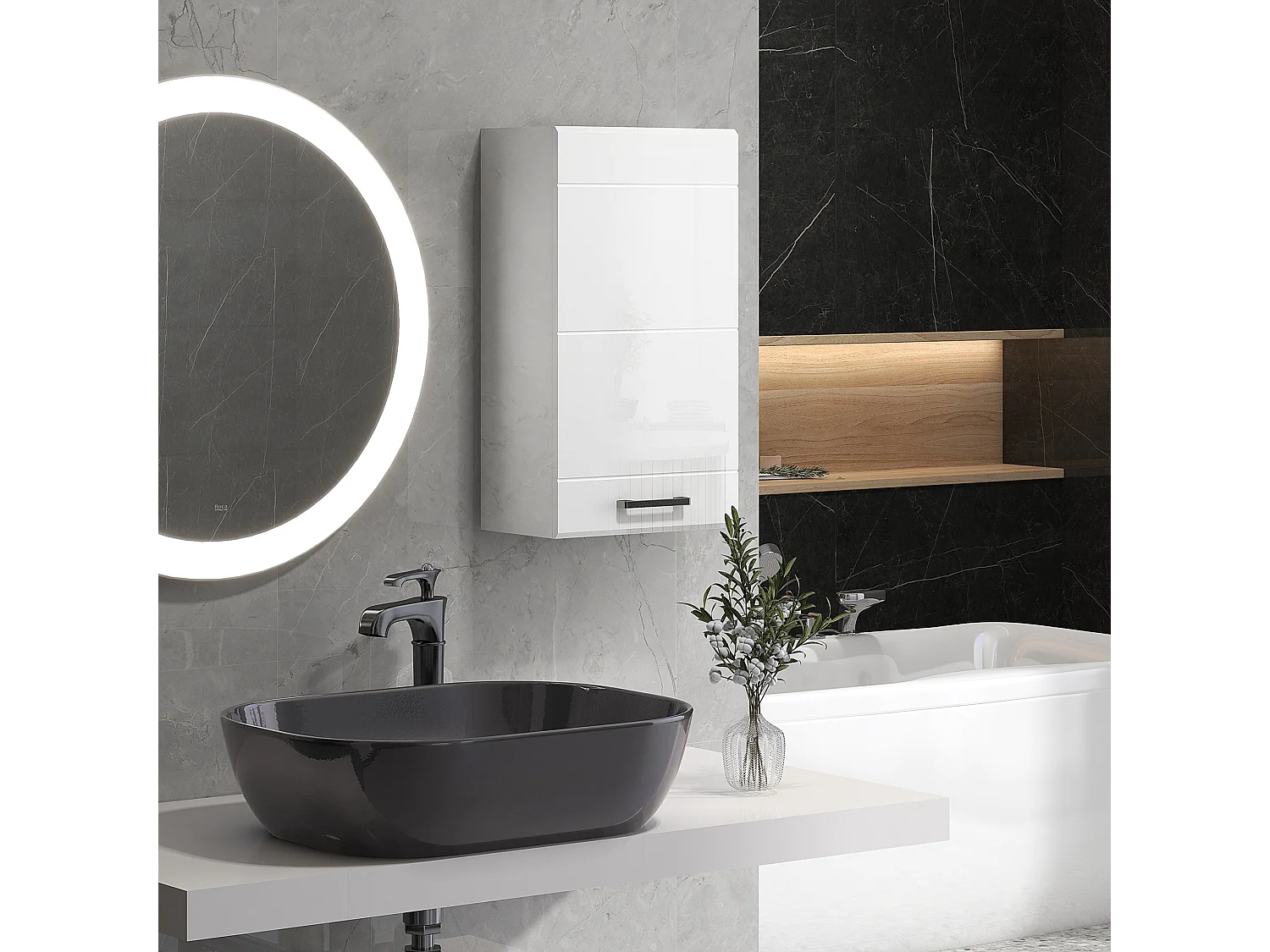 Armoire haute murale de salle de bain ou WC - placard porte 2 étagères - dim. 41L x 18l x 52H cm - MDF blanc mat laqué