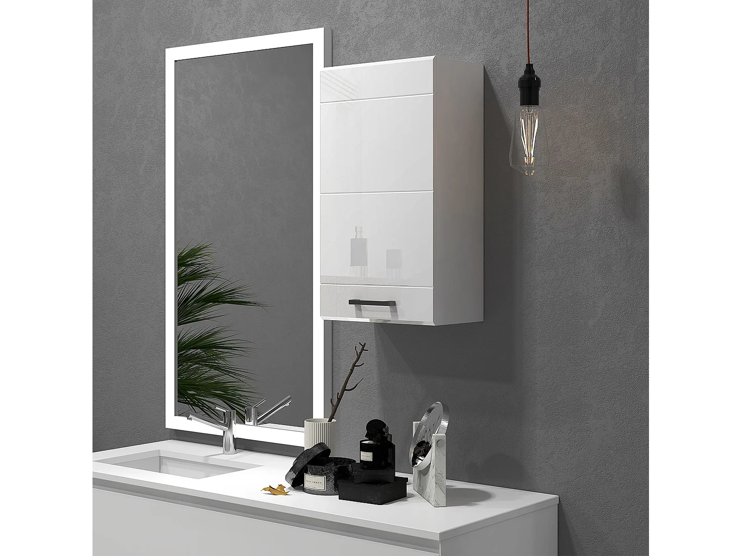 Armoire haute murale de salle de bain ou WC - placard porte 2 étagères - dim. 41L x 18l x 52H cm - MDF blanc mat laqué