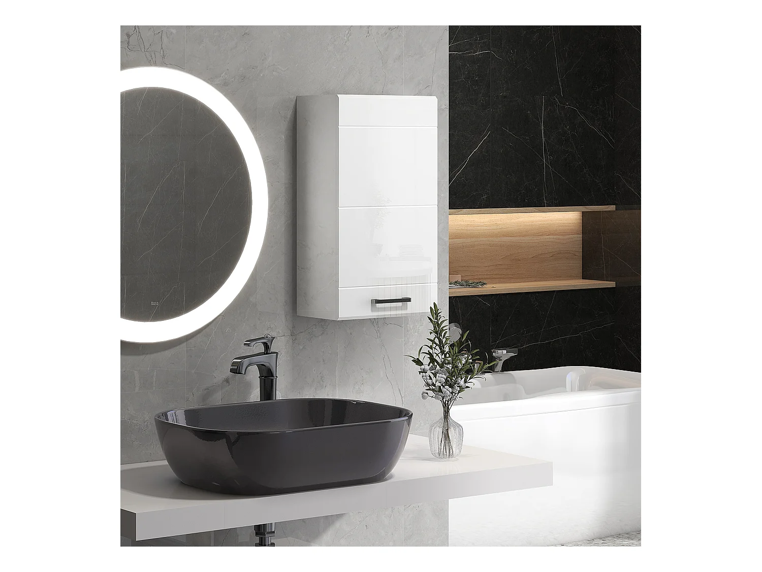 Armoire haute murale de salle de bain ou WC - placard porte 2 étagères - dim. 41L x 18l x 52H cm - MDF blanc mat laqué